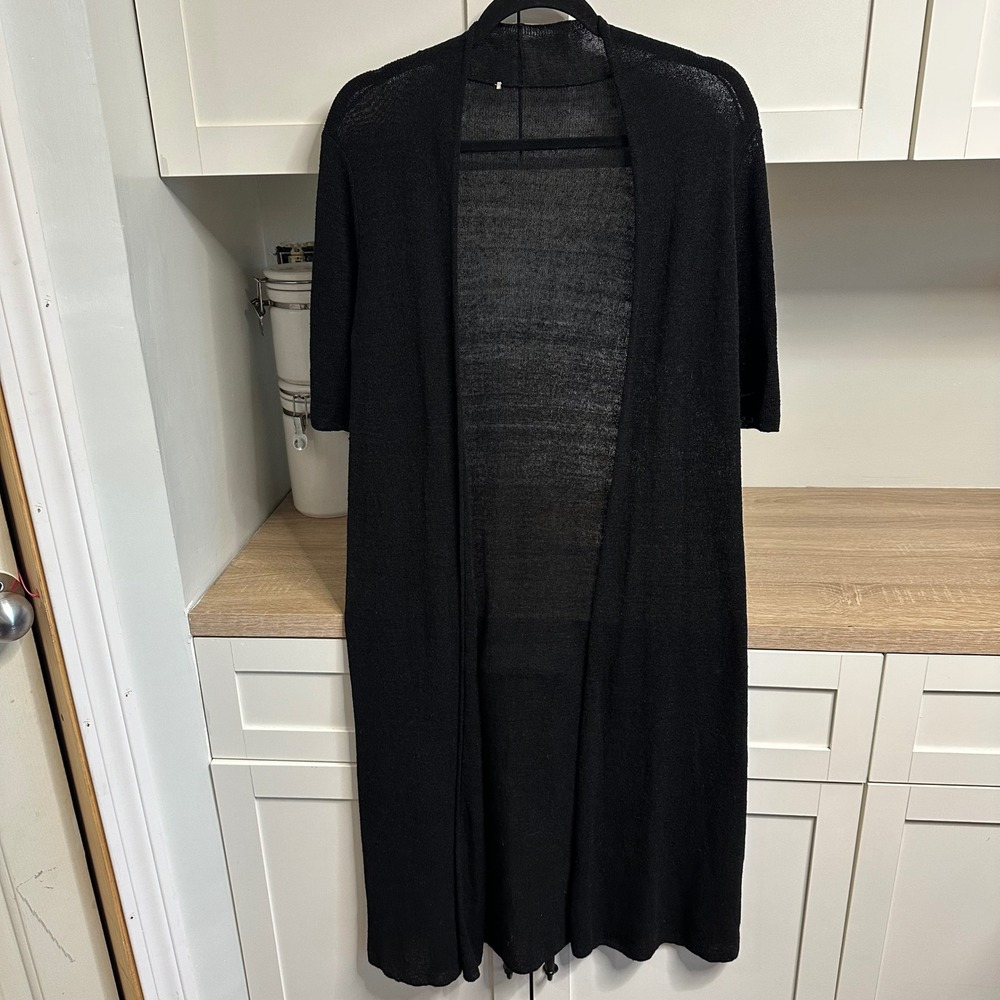 Eileen Fisher Sweater Womens M Black Linen Blend Longline Duster Cardigan Cover